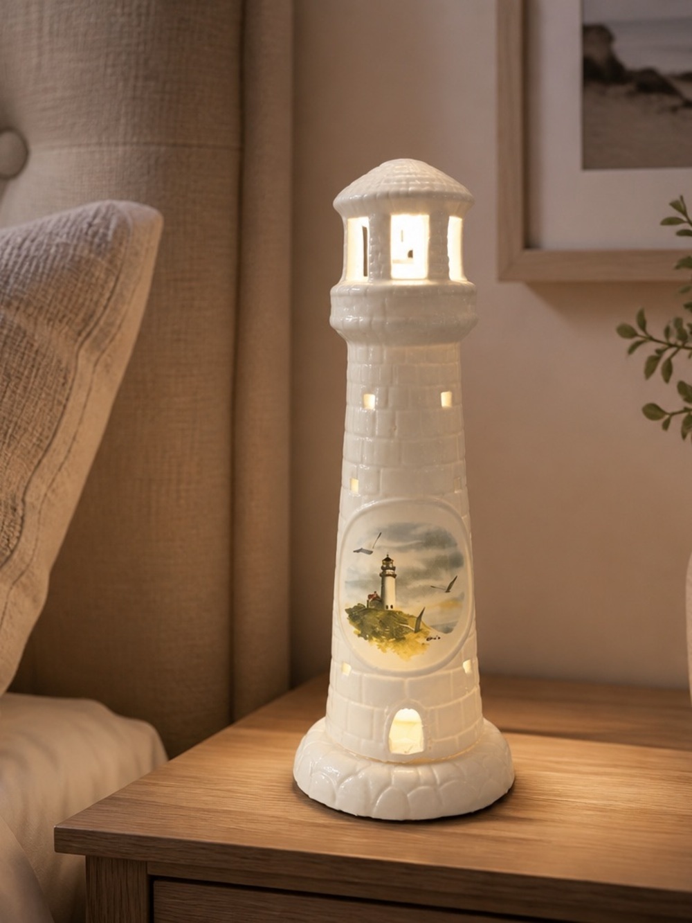 Vintage Glazed Ceramic Lighthouse Night Light Lamp – Coastal Nautical Decor